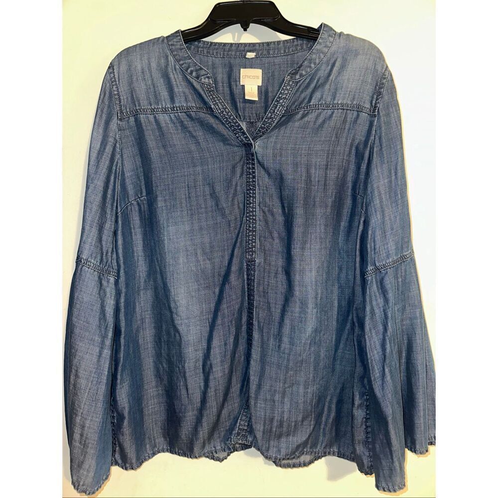 Chicos Sz 1 Denim/Chambray Pullover bell sleeve Flare Sleeve tunic top